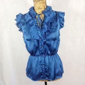 Lapis Royal Blue Ruffled Satin Sleeveless Blouse